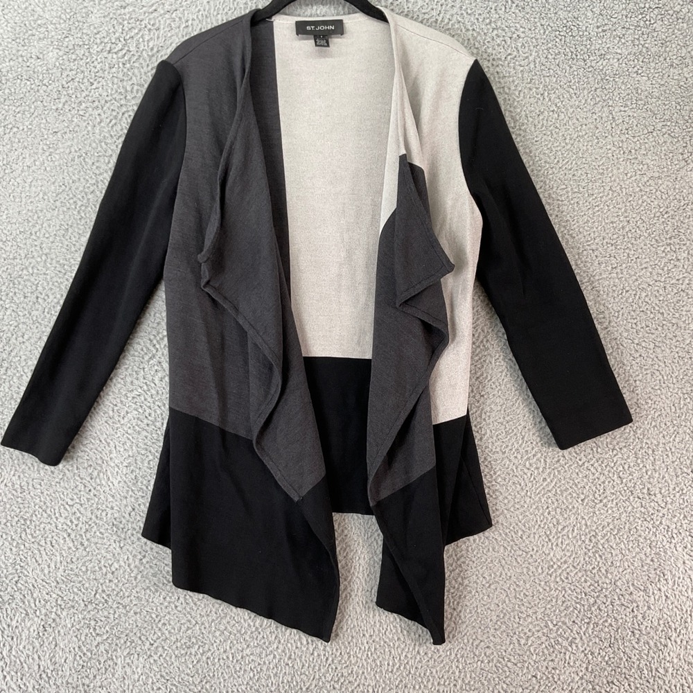 St. John Colorblock Cardigan Women Size 8 Black Grey Draped Waterfall Open Front